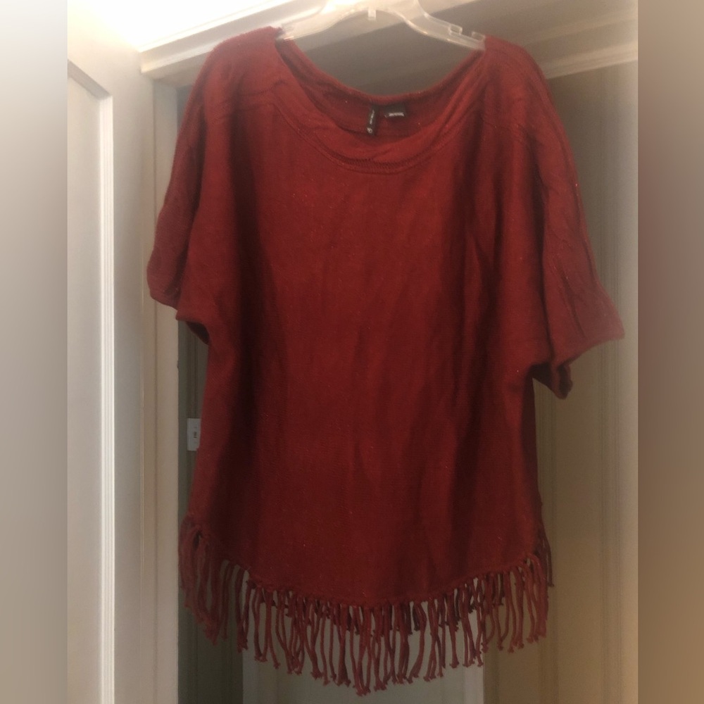 New Directions Sparkly Burgundy Fringe Sweater Poncho